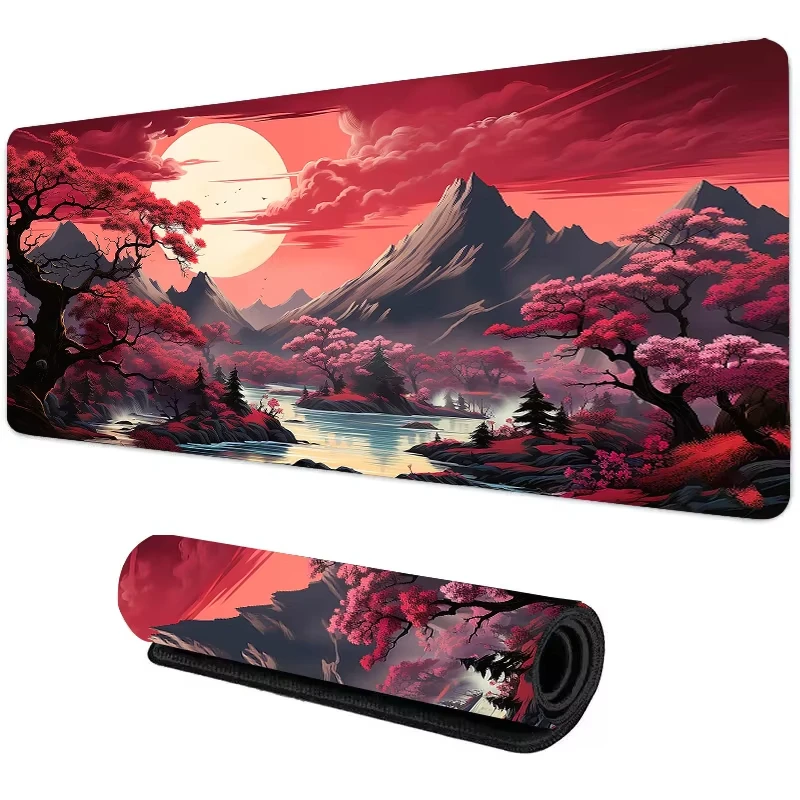 Gaming Keyboard Mouse - แผ่นรองเมาส์ซิลิโคนลายภูเขาพระอาทิตย์ตก แผ่นรองเมาส์ขนาดใหญ่ แผ่นรองเมาส์ลายภูมิประเทศสำหรับคีย์บอร์ด พร้อมแผ่นรองโต๊ะกันลื่น