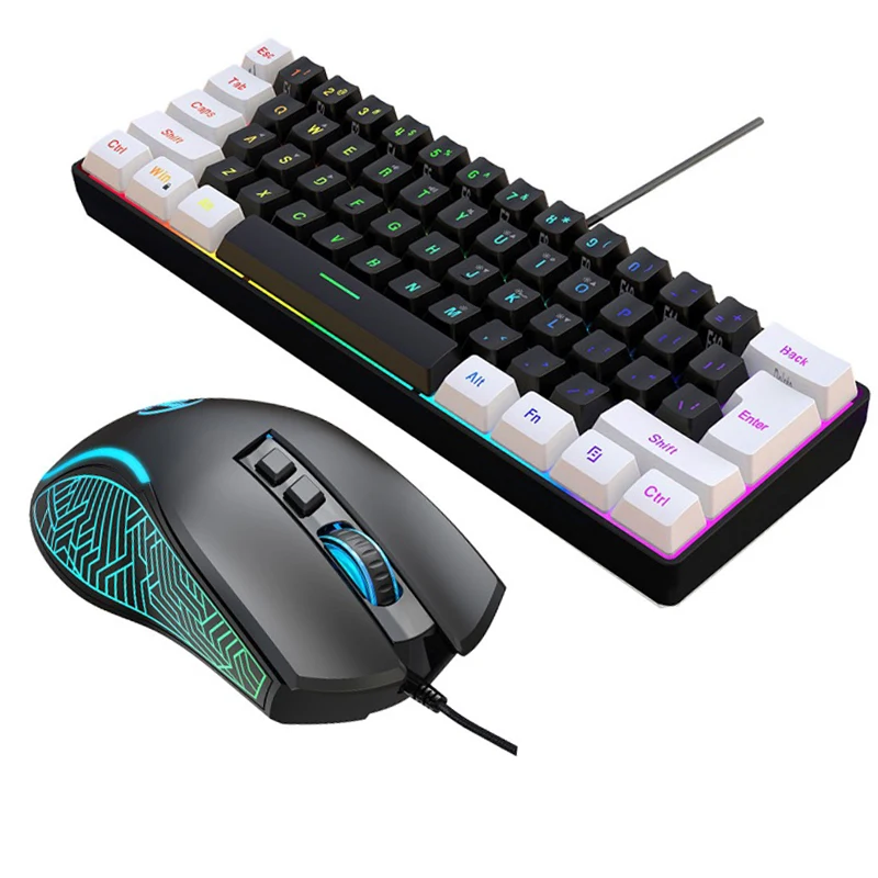 Gaming Keyboard And Mouse Set - ชุดคีย์บอร์ดและเมาส์ 60% สำหรับเล่นเกมคอมพิวเตอร์ คีย์บอร์ดแบบมีสายพร้อมไฟแบ็คไลท์ ชุดเมาส์สำหรับสำนักงาน คอมโบส์