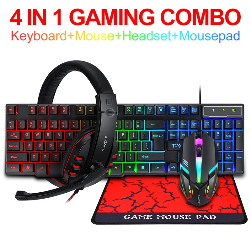 Gaming Keyboard And Mouse Set - ชุดอุปกรณ์เกมมิ่ง T-WOLF Game Four Piece TF800
